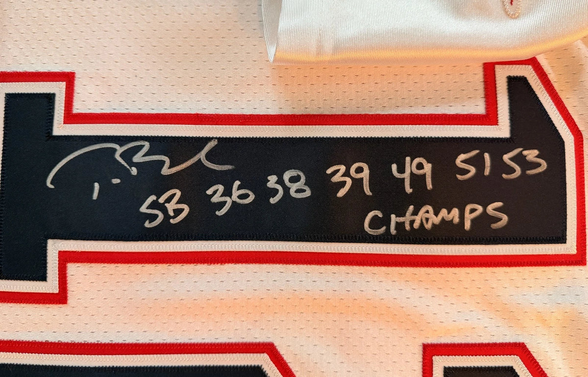 Tom Brady & Rob Gronkowski — Signed Super Bowl inscription jerseys