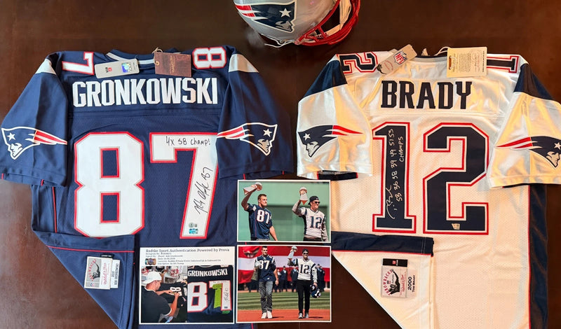 Tom Brady & Rob Gronkowski — Signed Super Bowl inscription jerseys