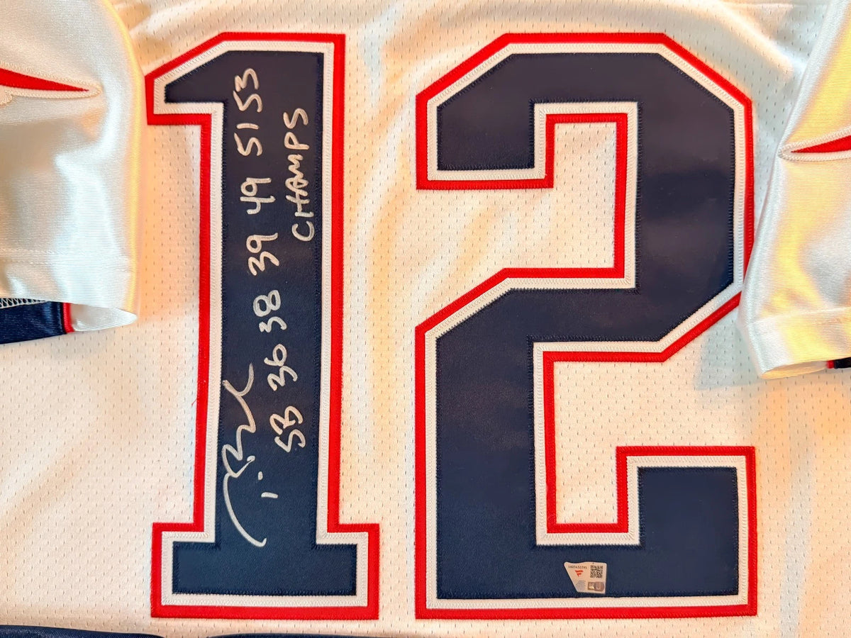Tom Brady & Rob Gronkowski — Signed Super Bowl inscription jerseys
